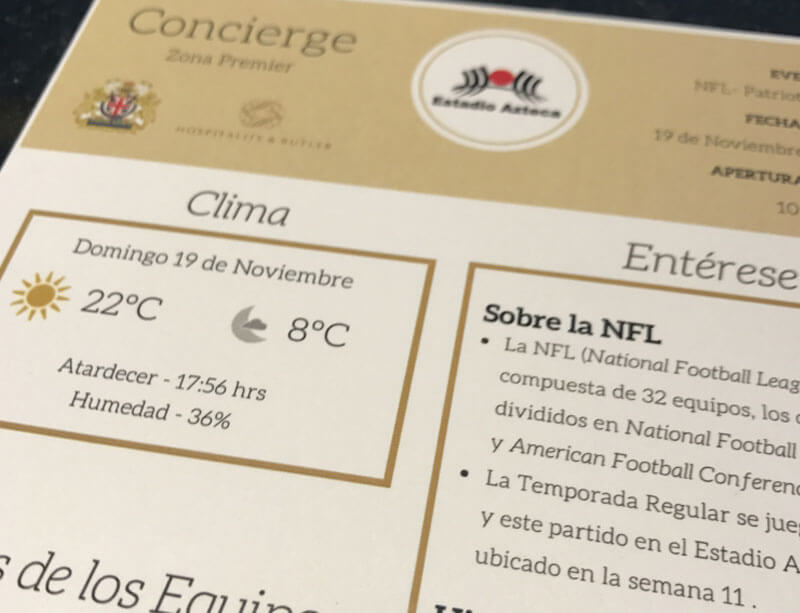 NFL, Servicio de Concierge Estadio Azteca. Noviembre 2017.